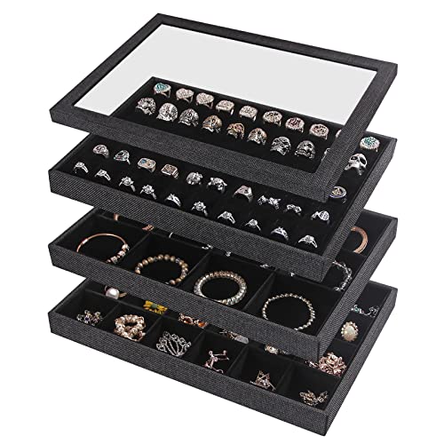 Julysky 4 Pcs/set Stackable Jewelry Organizer Trays with Glass Lid,100 Slots Ring Holder,Bracelet Displays Stand for Selling Necklace Earring Rack - size: 100slot+12grid+24grid