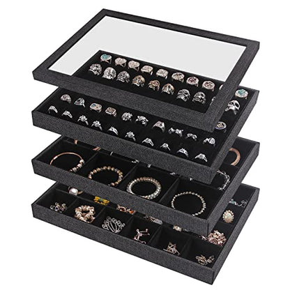 Julysky 4 Pcs/set Stackable Jewelry Organizer Trays with Glass Lid,100 Slots Ring Holder,Bracelet Displays Stand for Selling Necklace Earring Rack - size: 100slot+12grid+24grid