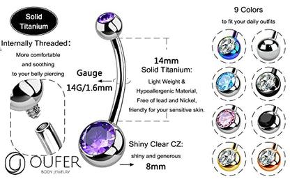 OUFER Titanium Belly Button Rings, Internally Threaded Belly Ring, Round CZ Navel Rings for Women Men - color: Purple, size: 1.6*14MM