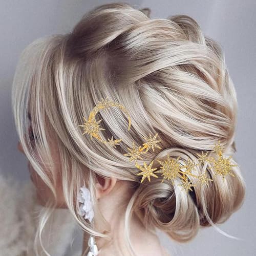 5 Pcs Celestial Crystal Bridal Hair Pins Set, Star & Moon Rhinestone Hair Accessories for Wedding, Goddess-Style Hair Pieces for Women(Gold) - color: Gold