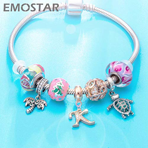 EMOSTAR Letter Charms Initial A-Z Alphabet Beads, Rose Gold 925 Sterling Silver Dangle CZ Birthstone Pendant, Gifts for European Charm Bracelet/Mothers Day/Birthday - color: Letter K
