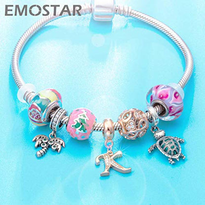 EMOSTAR Letter Charms Initial A-Z Alphabet Beads, Rose Gold 925 Sterling Silver Dangle CZ Birthstone Pendant, Gifts for European Charm Bracelet/Mothers Day/Birthday - color: Letter K