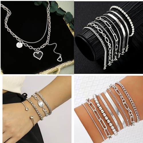 73 Pcs Gold Jewelry Set with 6Pcs Layered Necklace, 11 Pcs anklet and 7Pcs Earring Ear Cuff,12Hoop Earrings ,15pcs Rings,21pcs stud earrings Jewerly set for Women Pack for Friendship Party Gift - style: AA silver