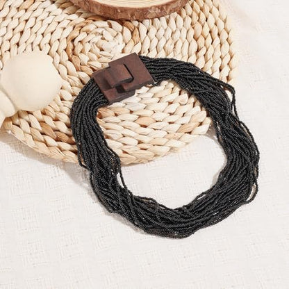 Coiris Beaded Strand Necklace for Women Boho Chunky Beaded Strand Necklace Bohemian Summer Beach Necklace Jewelry for Women(N0059-Black) - color: Black