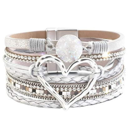 Leather Wrap Bracelets for Women, Boho Leopard Multi-Layer Crystal Beads Cuff Jewelry - color: J-Warp-020