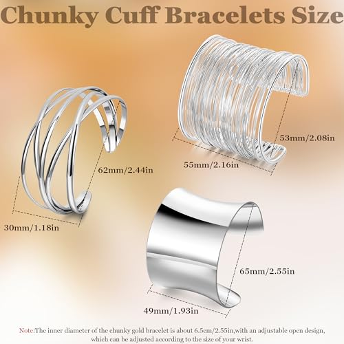3Pcs Chunky Gold Cuff Bracelets Open Wide Bangle Bracelets Set for Women Minimalist Irregular Bracelet Statement Wrist Cuff Wrap Bracelet Jewelry - style: styleB silver