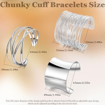 3Pcs Chunky Gold Cuff Bracelets Open Wide Bangle Bracelets Set for Women Minimalist Irregular Bracelet Statement Wrist Cuff Wrap Bracelet Jewelry - style: styleB silver