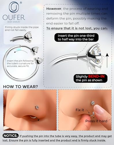 OUFER 2PCS Nose Rings Hoops, 20g Double Gem Horseshoe Threadless Nose Rings for Women, Septum Clicker Daith Tragus Helix Rook Eyebrow Lip Piercing Jewelry - color: Silver