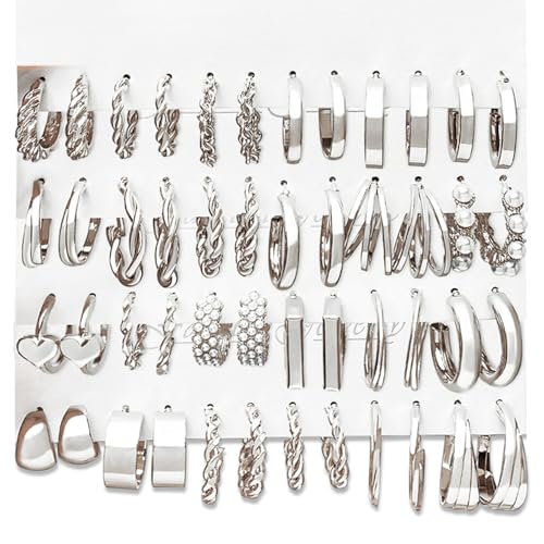 16-24 Pairs Gold Silver Black Earring Set for Women, Chunky Earring Multipack Punk Trendy Big Small Stud Hoop Earring Lightweight Twisted Pearl Ear Pack For Daily Birthday Party Gift - color: Silver