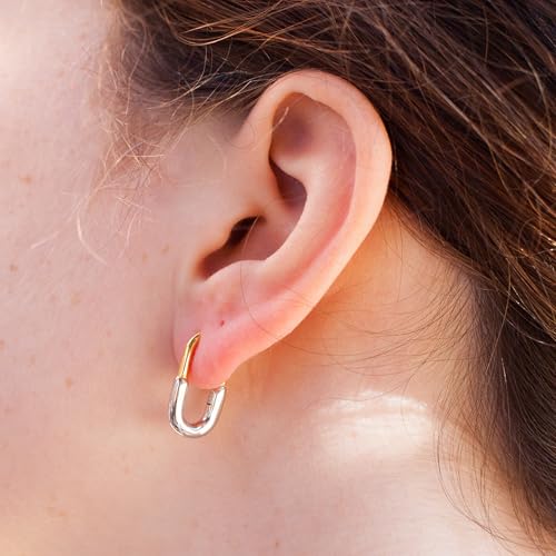925 Sterling Silver Two-tone mixed metal color earrings oval hoop huggie dangle gold silver