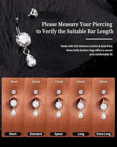 G23 Titanium Dangle 14G Belly Button Rings Sparkling CZ Navel Rings Belly Piercing Jewelry Teardrop Dangling Belly Rings Gold/Silver - color: Silver, size: 16MM