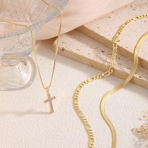 Gold Necklace for Women 14K Gold Plated Layered Cross Bar Necklace Herringbone Figaro Paperclip Flat Chain Cute Charm Accessories Non Tarnish Jewelry Set Gifts for Women - style: R-NK-07-CZ cross-GD