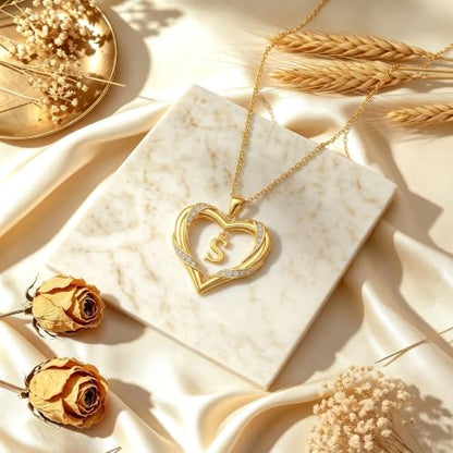 Midari 18K Gold Initial Letter Necklace for Women 18K Gold Initial Heart Capital Monogram Necklace for Mom Wife Alphabets from A-Z - color: S
