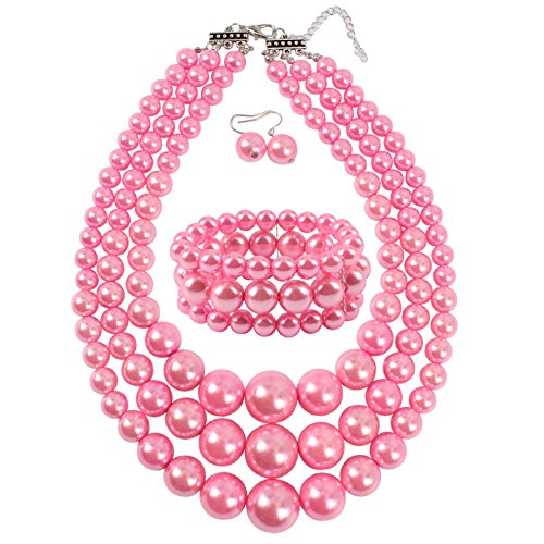 KOSMOS-LI Women's 3 Layer Simulated Pearl Statement 18" Necklace Bracelet and Earrings Jewelry Set Stocking Stuffers - color: pink