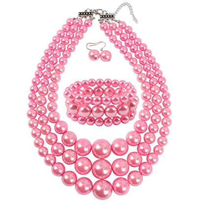 KOSMOS-LI Women's 3 Layer Simulated Pearl Statement 18" Necklace Bracelet and Earrings Jewelry Set Stocking Stuffers - color: pink