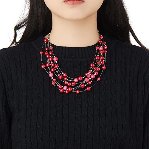 FULU AUTUMN Layered Pearl Necklace Multi-strand Pearl Choker Necklaces for Women Beaded jewelry for Wedding Parties - color: 37-Red