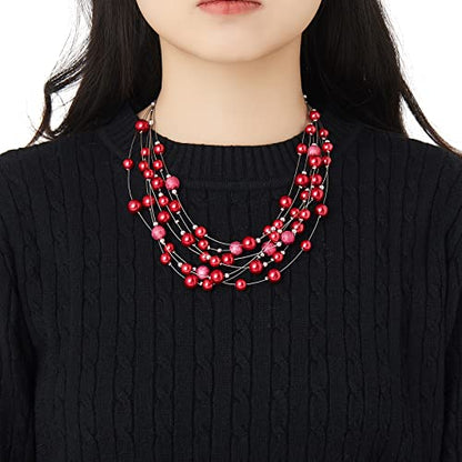 FULU AUTUMN Layered Pearl Necklace Multi-strand Pearl Choker Necklaces for Women Beaded jewelry for Wedding Parties - color: 37-Red