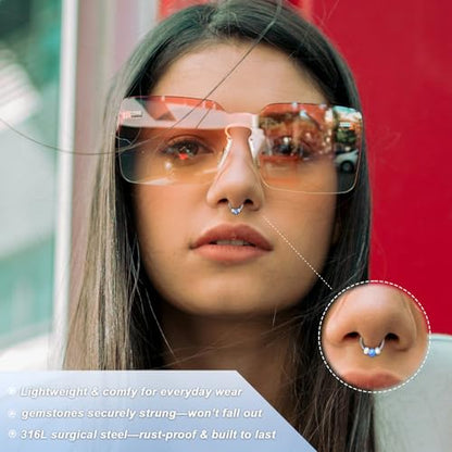 Thiswhyimbeauty 2PCS 18g Opal Nose Rings for Women Nose Hoops 8mm/10mm Hypoallergenic 316L Surgical Steel Nose Rings Piercing Jewelry Can Be Used as a Nose Ring, Septum Ring, and Cartilage Earring - color: A-Silver Blue opal