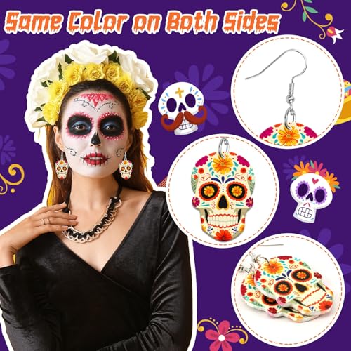 8 Pairs Day of the Dead Earrings for Women Skull Acrylic Jewelry | Dia De Los Muertos Earrings, Festive Sugar Flower Skull Dangle, Day of the Dead Jewelry Gifts, Acrylic Material, Double Side - style: Day of the Dead