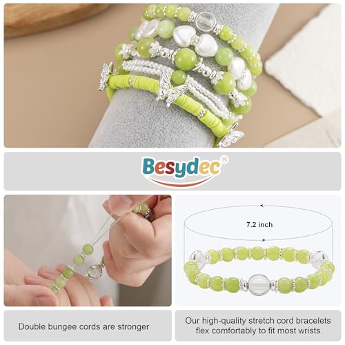 Besydec Stackable Boho Beaded Bracelets With Natural Stone & Pearl Heart & Clay Beads for Women,Adjustable Silver Jewelry - color: Green