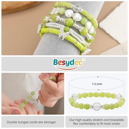 Besydec Stackable Boho Beaded Bracelets With Natural Stone & Pearl Heart & Clay Beads for Women,Adjustable Silver Jewelry - color: Green