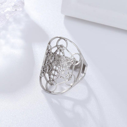 Metatron's Cube Ring Angel Seal Archangel Metatron Cube Protection Statement Hollowed Out Womens Stainless Steel Open Band Ring Jewelry - color: Silver