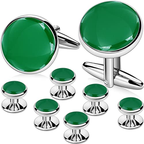 AMITER Men’s Cufflinks and Tuxedo Studs Set, Suitable for Black Suit White Shirts on Wedding, Anniversary, Birthday - color: Green+silver color