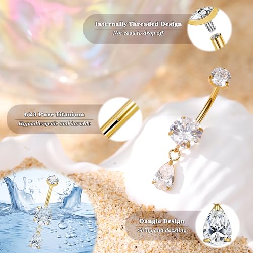 14G G23 Pure Titanium Dangle Belly Button Ring for Women Teardrop Dangling Belly Ring Internally Threaded Barbell Dainty Dangly Navel Ring CZ Belly Piercing Jewelry 6-16MM - color: Gold, size: Bar Length 16mm-Longest