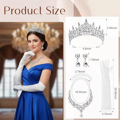 Tondiamo Bridal Jewelry Accessories Set Wedding Crystal Tiaras Crown Teardrop Necklace Earrings Satin Gloves for Women Queen Princess Birthday Prom Pageant Wedding Party - color: White
