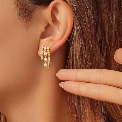 14K Gold Plated Dangle Earrings for Women, Dainty Hoop Huggie Studs, Long Hanging Tassel Chain Multi Pierced Ear Stacking Jewelry Gifts - color: CZ Dangle-Gold