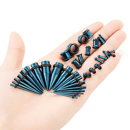 36pcs Ear Stretching Kit 14G-00G Surgical Steel Tapers Tunnels Gauges Set for Starter Women and Men Expanders Body Piercing Jewelry - color: Blue