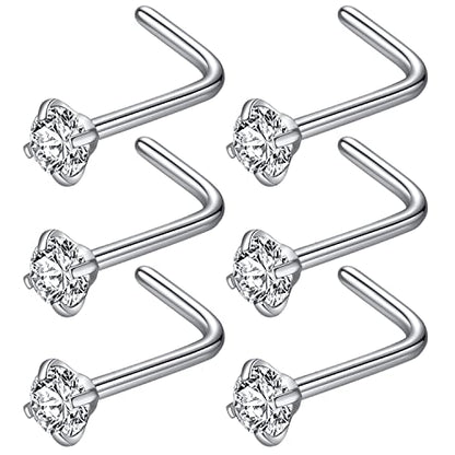 316L Surgical Steel 22g/20g/18g Nose Rings Studs L-Shape Nose Nostrial Piercing Body Jewerly L Shaped Nose Studs 1.5mm 2mm 2.5mm 3mm CZ Nose Screw Studs Rings for Women - style: 6pcs/L-shape/20g/3.0mm Clear CZ/Silver