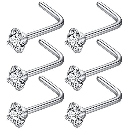316L Surgical Steel 22g/20g/18g Nose Rings Studs L-Shape Nose Nostrial Piercing Body Jewerly L Shaped Nose Studs 1.5mm 2mm 2.5mm 3mm CZ Nose Screw Studs Rings for Women - style: 6pcs/L-shape/18g/2.5mm Clear CZ/Silver