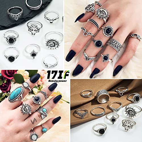 17IF Vintage Silver Knuckle Rings Set for Women Men, Chunky Boho Rings | Aesthetic Snake Grunge Stackable Gothic Ring Adjustable Y2K Punk Bulky Finger Alt of Rings, Stacking Flower Midi Ring Pack - style: 19