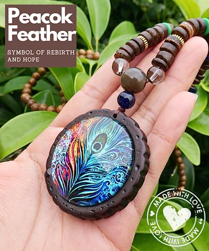 Bohemian Beaded Necklace for Women Long Boho Pendant Wood Mala Beads Wooden Strand Tassel Stone Bohemian Necklaces for Women Jewelry - style: Ethnic Peacook Feather