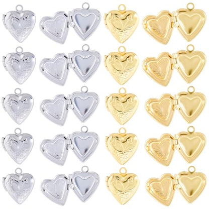SUNNYCLUE 20Pcs 2 Colors Picture Frame Charms Gold Locket Charm Bulk Brass Metal Openable Love Heart Shaped Memorial Pendants for Jewelry Making Necklace Earrings Keychain Bag Wedding Bouquet Crafts