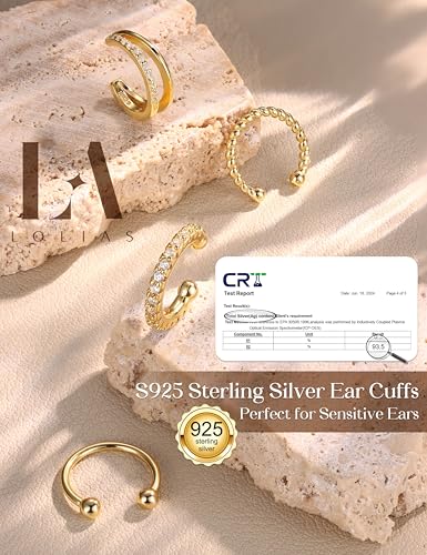 LOLIAS 925 Sterling Silver Ear Cuffs Non Piercing - 14K Gold Plated Ear Cuff Earrings for Women Adjustable Clip on Cartialge Earrings Non Pierced Fake Earring Stacks - color: 14K Gold-CZ Double Hoop