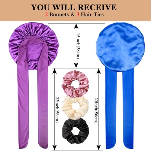 2+3 Large Satin Bonnets with Scrunchies for Women, Hair Bonnet Sleeping Tie Bonnet for Braids Curly Hair - color: J - Purple, Royal