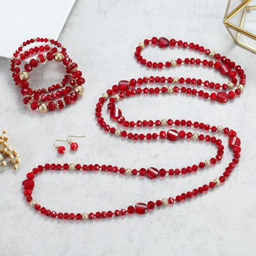 Trendy Infinity Wrap 60’’ Long Statement Necklace, Earrings and Bracelet Set - Hand Knotted Versatile Crystal and Shell Beads Strand Necklace and Chunky Beaded Stretch Bracelet Stack – Jewelry Set Gift for Women - color: Red