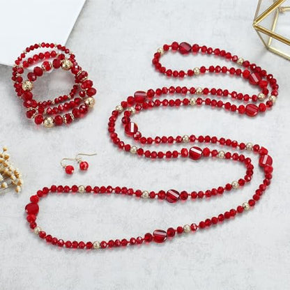 Trendy Infinity Wrap 60’’ Long Statement Necklace, Earrings and Bracelet Set - Hand Knotted Versatile Crystal and Shell Beads Strand Necklace and Chunky Beaded Stretch Bracelet Stack – Jewelry Set Gift for Women - color: Red