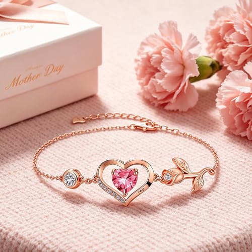 1CT Rose Heart Birthstone Bracelet for Women Love Gift - style: 10-Oct Pink Rose Gold