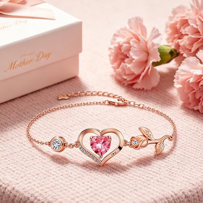 1CT Rose Heart Birthstone Bracelet for Women Love Gift - style: 10-Oct Pink Rose Gold