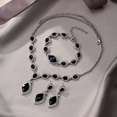 EVER FAITH Bridal Wedding Crystal Marquise Teardrop Pendant Necklace Earrings Bracelet Set for Prom - color: Black Silver-Tone