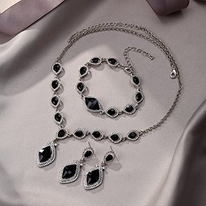EVER FAITH Bridal Wedding Crystal Marquise Teardrop Pendant Necklace Earrings Bracelet Set for Prom - color: Black Silver-Tone