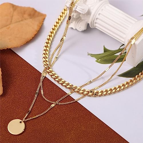 ASCOMY Layered Necklaces for Women Dainty Gold Necklace 14K Gold Plated Herringbone Necklace for Women Pearl Cross Necklace Paperclip Cuban Figaro Rope Satellite Chain Gold Choker Trendy Jewelry Gift - style: 3Layered Cuban Bar Coin-GD
