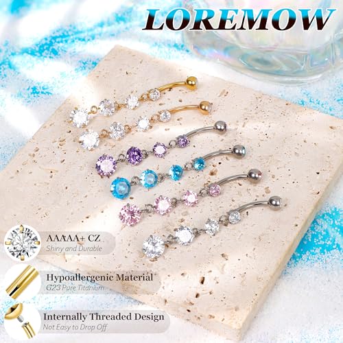 14G G23 Pure Titanium Dangle Belly Button Rings for Women Dangling Belly Ring Curved Barbell Internally Threaded Navel Rings CZ Navel Piercing Jewelry - color: Rose Gold