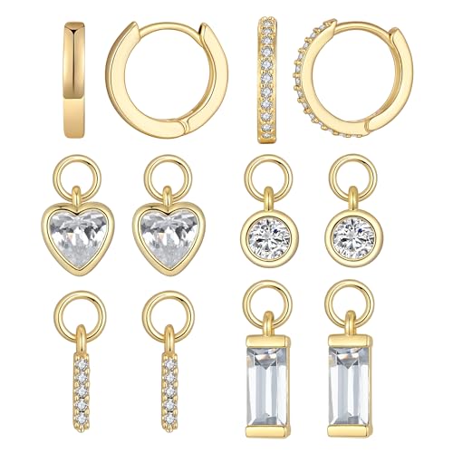 14K Gold Plated Huggie Earrings and Charm Set for Women |Mix and Match Earring Pack with Cubic Zirconia Star Heart Flower Bow Small Hoop Earrings with Charms