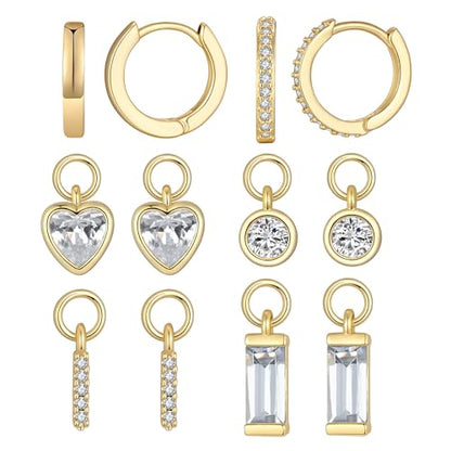 14K Gold Plated Huggie Earrings and Charm Set for Women |Mix and Match Earring Pack with Cubic Zirconia Star Heart Flower Bow Small Hoop Earrings with Charms