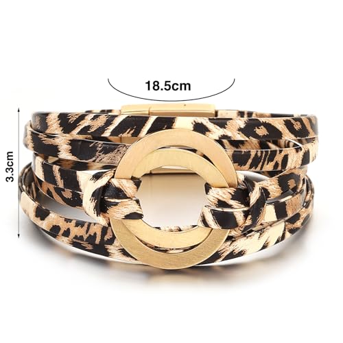 hotoo Circle Charm Bracelets for Women Handmade Leather Wrap Bracelets for Couples Friendship Bracelet Bohemian Cuff Bangle Boho Jewelry Gift - color: Light leopard