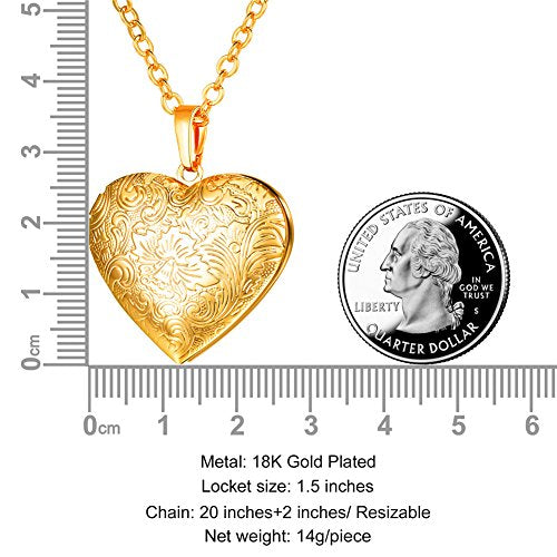 U7 Custom Photo Locket Necklace - Oval & Heart Shaped Locket - Gold/Silver/Rose Gold Personalized Image Necklaces for Women - color: 02-Gold Flower Heart, style: a. locket only